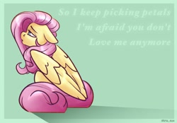 Size: 2048x1423 | Tagged: safe, artist:lrusu, fluttershy, pegasus, pony, g4, female, floppy ears, folded wings, fortune telling on chamomile, lidded eyes, looking away, looking up, mare, melancholy, profile, sad, sitting, solo, text, wings