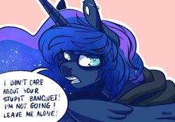 Size: 2048x1423 | Tagged: safe, artist:lrusu, princess luna, alicorn, pony, g4, braces, clothes, dialogue, ear piercing, earring, hoodie, jewelry, looking at you, looking back, misspelling, piercing, solo, teenager, younger