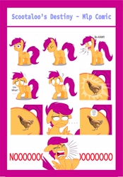 Size: 2509x3609 | Tagged: artist needed, safe, scootaloo, pegasus, pony, g4, alternate cutie mark, big no, clucking, comic, covering mouth, crying, cutie mark, eyes closed, female, filly, floppy ears, high res, looking down, open mouth, question mark, scootachicken, sweat, sweatdrop
