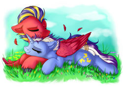 Size: 4093x2894 | Tagged: oc name needed, safe, artist:julunis14, oc, oc only, pegasus, pony, unicorn, commission, cuddling, cute, digital art, duo, eyes closed, feather, female, flower, hug, jewelry, mare, meadow, ring, signature, spring, tail, tail ring, wholesome, winghug, wings