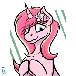 Size: 2000x2000 | Tagged: safe, artist:ph4z3r, artist:phazerarts, oc, oc only, oc:rosa flame, pony, unicorn, chest fluff, flower, flower in hair, high res, smiling, solo, wavy mouth