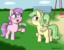 Size: 4000x3120 | Tagged: safe, artist:heretichesh, oc, oc only, oc:april showers, oc:mayfly, earth pony, pegasus, pony, bench, blushing, bouquet of flowers, butt, female, filly, flower, lesbian, nervous, playground, plot, sweating bullets, swing set