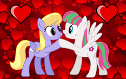 Size: 1280x800 | Tagged: safe, artist:3d4d, artist:starcollider, blossomforth, cloud kicker, pegasus, pony, g4, cloudforth, female, heart, heart background, lesbian, looking at each other, mare, shipping, show accurate, spread wings, wings