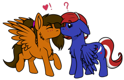 Size: 1307x846 | Tagged: safe, artist:rokosmith26, oc, oc only, pegasus, pony, commission, duo, female, floppy ears, heart, heart eyes, kissing, lesbian, mare, oc x oc, ponytail, raised hoof, shipping, simple background, spread wings, standing, surprised, transparent background, wingding eyes, wings, ych result