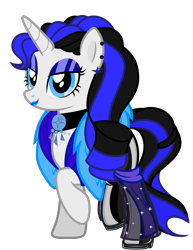 Size: 2955x3835 | Tagged: safe, artist:severity-gray, oc, oc only, oc:coldlight bluestar, pony, unicorn, alternate hairstyle, bedroom eyes, choker, clothes, collar, dress, eyeshadow, feather boa, female, gala dress, high heels, high res, jewelry, latex, latex boots, lipstick, makeup, mare, necklace, platform heels, shoes, simple background, solo, transparent background