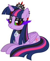 Size: 4791x5822 | Tagged: safe, artist:severity-gray, twilight sparkle, alicorn, pony, g4, alternate hairstyle, alternate timeline, alternate universe, collar, corrupted, corrupted twilight sparkle, crown, dark magic, dreamworks face, ear piercing, eyeshadow, horn, horn ring, jewelry, magic, makeup, piercing, regalia, ring, simple background, solo, sombra eyes, transparent background, twilight sparkle (alicorn)