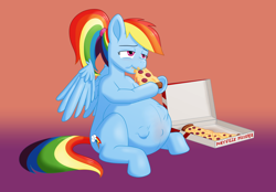Size: 2550x1776 | Tagged: safe, artist:parturient, derpibooru exclusive, rainbow dash, pegasus, pony, g4, alternate hairstyle, belly, belly bumps, belly button, big belly, comfort eating, eating, female, food, kicking, lidded eyes, mare, momma dash, outie belly button, pizza, ponytail, preggo dash, pregnant, simple background, sitting, that pony sure does love pizza, wings