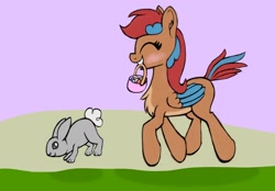 Size: 1554x1080 | Tagged: safe, anonymous artist, oc, oc:allegra mazarine, pegasus, pony, rabbit, animal, art trade, basket, blushing, chest fluff, easter bunny, easter egg, eyes closed, feathered tail, hopping, pegasus oc, smol, striped mane, two toned wings, wings