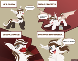 Size: 4186x3257 | Tagged: safe, artist:andaluce, oc, oc:choco blanc, bat pony, pony, abstract background, apple, bat pony oc, chest fluff, choker, clothes, comic, comic sans, cookie, cute, fangs, food, lineless, reference sheet, socks, spread wings, tongue out, wings