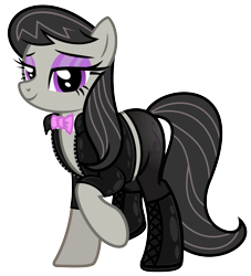 Size: 4140x4562 | Tagged: safe, alternate version, artist:severity-gray, octavia melody, earth pony, pony, g4, alternate hairstyle, bedroom eyes, boots, bow, bowtie, clothes, eyeshadow, jacket, leather, leather boots, leather jacket, looking at you, makeup, shoes, simple background, solo, tights, transparent background