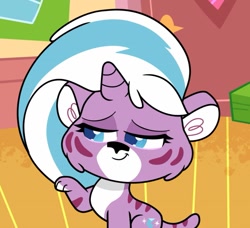 Size: 1015x927 | Tagged: safe, screencap, lightning chill, back to the present, g4.5, my little pony: pony life, cropped, female, lidded eyes, markings, pale belly, paws, smiling, smug, solo, tigercorn