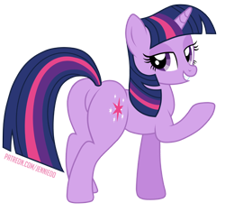 Size: 1200x1127 | Tagged: safe, alternate version, artist:jennieoo, twilight sparkle, pony, unicorn, g4, bedroom eyes, butt, featureless crotch, grin, looking at you, looking back, looking back at you, plot, show accurate, simple background, smiling, smiling at you, solo, transparent background, twibutt, vector