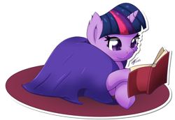 Size: 1538x1058 | Tagged: safe, artist:icy wings, twilight sparkle, pony, unicorn, g4, blanket, book, cheek fluff, covers, cute, female, mare, reading, simple background, smiling, transparent background, twiabetes, unicorn twilight