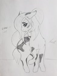 Size: 1952x2594 | Tagged: safe, artist:teardrop, oc, oc only, oc:tetra, earth pony, pony, adorasexy, blushing, butt, cute, dialogue, female, floppy ears, hair tie, large butt, long mane, long tail, looking at you, mare, monochrome, paint (horse breed), ponytail, sexy, shy, solo, spots, timid, traditional art, worried, yandere