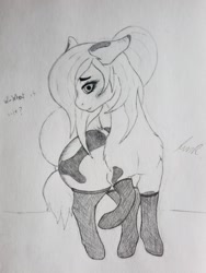 Size: 2199x2932 | Tagged: safe, alternate version, artist:teardrop, edit, oc, oc only, oc:tetra, earth pony, pony, adorasexy, blushing, butt, clothes, cute, dialogue, female, floppy ears, hair tie, high res, large butt, long mane, long tail, looking at you, mare, monochrome, paint (horse breed), ponytail, sexy, shy, socks, solo, spots, thigh highs, timid, traditional art, worried, yandere
