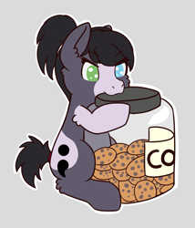 Size: 2145x2505 | Tagged: safe, artist:morrigun, oc, oc only, oc:eden, earth pony, pony, commission, cookie, female, food, gray background, heterochromia, high res, jar, mare, simple background, solo, ych result