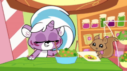 Size: 1920x1080 | Tagged: safe, screencap, lightning chill, big cat, squirrel, tiger, back to the present, g4.5, my little pony: pony life, animated, brussel sprouts, burp, eating, female, food, salad, salad bowl junction, sound, webm