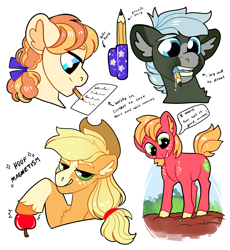 Size: 2300x2500 | Tagged: safe, artist:loryska, applejack, big macintosh, oc, earth pony, pony, g4, apple, colt big macintosh, cute, dexterous hooves, drool, food, high res, macabetes, male, mouth hold, mouth writing, pencil, younger