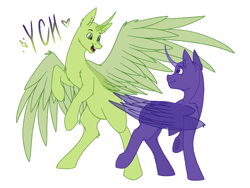 Size: 2160x1620 | Tagged: safe, artist:lunathemoongod, oc, alicorn, pony, advertisement, chest fluff, colored pupils, commission, duo, ear fluff, eye contact, folded wings, horn, looking at each other, open mouth, rearing, shoulder fluff, simple background, smiling, spread wings, underhoof, white background, wings, ych example, your character here