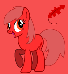 Size: 761x825 | Tagged: safe, artist:diamondbellefan25, artist:shewakiss, oc, oc:red feather, earth pony, pony, base used, cutie mark, feather, female, mare, open mouth, raised hoof, raised leg, red background, simple background, solo, underhoof