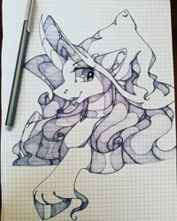 Size: 1080x1350 | Tagged: safe, artist:tessa_key_, rarity, pony, unicorn, g4, :p, bust, eyelashes, female, graph paper, hat, hoof fluff, hoof polish, horn, mare, solo, tongue out, traditional art, wizard hat