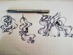 Size: 1080x810 | Tagged: safe, artist:tessa_key_, princess luna, alicorn, pony, g4, bust, ear fluff, eyelashes, female, graph paper, hoof shoes, horn, mare, pen, smiling, solo, traditional art, wings