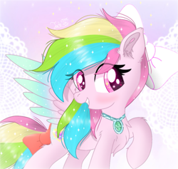 Size: 1161x1100 | Tagged: source needed, useless source url, safe, artist:jadebreeze115, oc, oc only, oc:star aura, pegasus, pony, adorkable, blushing, bow, cherry blossoms, chest fluff, colored wings, cute, dork, ear fluff, ethereal mane, ethereal tail, ethereal wings, flower, flower blossom, gradient wings, jewelry, multicolored hair, necklace, pink eyes, smiling, solo, spread wings, tail bow, wingding eyes, wings