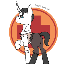 Size: 768x768 | Tagged: safe, artist:agdapl, pony, unicorn, boots, clothes, glasses, horn, male, medic, medic (tf2), ponified, raised hoof, shoes, signature, solo, stallion, team fortress 2