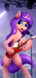 Size: 1073x2316 | Tagged: safe, artist:foxpit, oc, oc only, oc:melody verve, pony, unicorn, bipedal, commission, concert, digital art, electric guitar, guitar, happy, lights, microphone, musical instrument, playing guitar, singing, stage, standing on two hooves, standing up