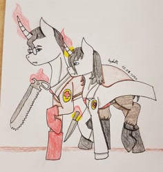Size: 2870x3037 | Tagged: safe, artist:agdapl, pony, unicorn, boots, chainsaw, duo, glasses, glowing horn, high res, horn, knife, magic, male, medic, medic (tf2), ponified, raised hoof, shoes, signature, stallion, team fortress 2, telekinesis, traditional art