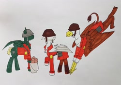 Size: 3893x2760 | Tagged: safe, artist:agdapl, griffon, pegasus, pony, bread, bucket, food, griffonized, helmet, high res, looking back, male, ponified, signature, soldier, soldier (tf2), species swap, stallion, team fortress 2, traditional art, wings