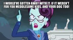 Size: 600x337 | Tagged: safe, edit, edited screencap, screencap, principal abacus cinch, equestria girls, g4, my little pony equestria girls: friendship games, angry, brooch, caption, ear piercing, earring, image macro, jewelry, memeful.com, open mouth, pearl earrings, piercing, raised finger, scooby-doo!, shrunken pupils, text