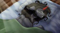 Size: 1024x576 | Tagged: safe, artist:countessmrose, king sombra, pony, umbrum, g4, bed, fangs, male, pillow, sleeping, solo, stallion
