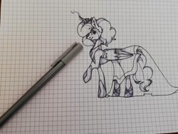 Size: 1080x810 | Tagged: safe, artist:tessa_key_, alicorn, gem (race), gem pony, pony, ear fluff, eyelashes, female, glowing horn, graph paper, hoof shoes, horn, jewelry, mare, pen, peytral, pink diamond (steven universe), ponified, raised hoof, solo, spoilers for another series, steven universe, tiara, traditional art