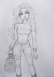 Size: 726x1024 | Tagged: safe, artist:maryhoovesfield, oc, oc only, human, bag, clothes, eyelashes, female, grayscale, humanized, lineart, monochrome, pants, traditional art