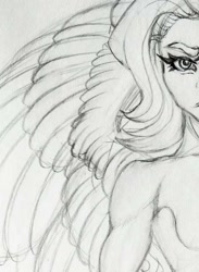 Size: 749x1024 | Tagged: safe, artist:maryhoovesfield, oc, oc only, human, bust, female, grayscale, humanized, lineart, monochrome, solo, traditional art, wings