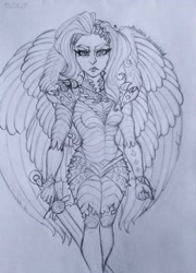 Size: 737x1024 | Tagged: safe, artist:maryhoovesfield, oc, oc only, human, armor, eyelashes, female, frown, grayscale, humanized, monochrome, signature, solo, sword, traditional art, weapon, winged humanization, wings