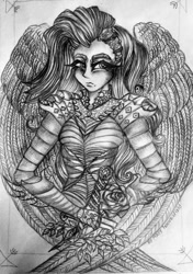 Size: 720x1024 | Tagged: safe, artist:maryhoovesfield, oc, oc only, human, armor, bust, eyelashes, female, frown, grayscale, humanized, monochrome, signature, solo, traditional art, winged humanization, wings