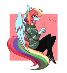 Size: 1179x1280 | Tagged: safe, artist:trololohstuffs, rainbow dash, pegasus, anthro, unguligrade anthro, g4, chocolate, clothes, digital art, female, food, glasses, hot chocolate, jewelry, looking at you, necklace, pants, simple background, solo, sweater, tail, wings