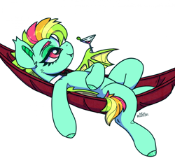 Size: 1920x1792 | Tagged: dead source, safe, artist:kotya, oc, oc only, oc:kokomo, bat pony, alcohol, bowtie, female, hammock, indexed png, mare, martini, simple background, white background, wings