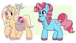 Size: 961x551 | Tagged: safe, artist:lulubell, cup cake, pinkie pie, oc, earth pony, pony, unicorn, g4, adoption, alternate universe, baby, baby pie, baby pony, chest fluff, chiffon swirl, female, filly, foal, freckles, mare, mother and child, mother and daughter, nurse, saddle basket, teary eyes, younger
