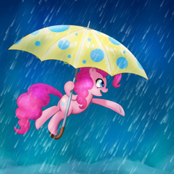 Size: 1000x1000 | Tagged: safe, artist:empyu, pinkie pie, earth pony, pony, g4, bipedal, colored pupils, female, flying, mare, open mouth, profile, rain, solo, umbrella