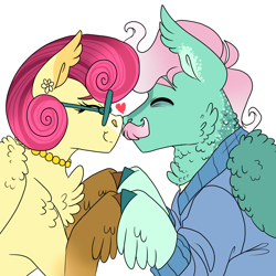 Size: 3000x3000 | Tagged: safe, artist:gingygin, gentle breeze, posey shy, pegasus, pony, g4, boop, cheek fluff, chest fluff, coat markings, cute, ear fluff, eyes closed, facial hair, facial markings, feathered fetlocks, female, floating heart, heart, high res, hooves together, husband and wife, male, mare, moustache, noseboop, ship:shys, shipping, snip (coat marking), stallion, straight, wing fluff