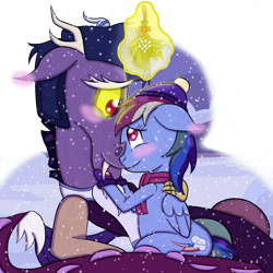 Size: 1280x1281 | Tagged: safe, artist:puresthope125, discord, rainbow dash, draconequus, pegasus, pony, g4, blushing, clothes, female, floppy ears, hat, looking at each other, looking into each others eyes, male, mistletoe, mittens, scarf, ship:discodash, shipping, simple background, snow, snowfall, straight, transparent background