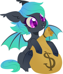 Size: 2144x2500 | Tagged: safe, artist:belka-sempai, oc, oc only, oc:moondrive, bat pony, pony, high res, mascot, money, rubronycon, simple background, solo, transparent background
