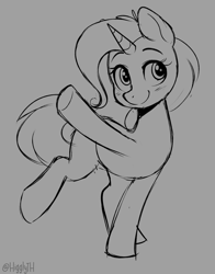 Size: 1116x1422 | Tagged: safe, artist:higglytownhero, trixie, pony, unicorn, g4, blushing, cute, diatrixes, female, gray background, hoof in air, mare, monochrome, simple background, sketch, smiling, solo, waving