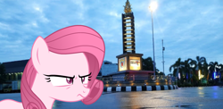 Size: 3073x1502 | Tagged: safe, artist:muhammad yunus, oc, oc only, oc:annisa trihapsari, earth pony, pony, g4, base used, earth pony oc, female, irl, mare, night, not rarity, photo, pink body, pink hair, ponies in real life, solo, suspicious, unamused