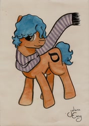 Size: 1651x2338 | Tagged: safe, artist:juliana emy, oc, oc only, oc:samekh, earth pony, pony, clothes, hair over one eye, male, scarf, solo, stallion, traditional art