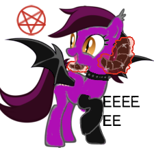 Size: 225x225 | Tagged: safe, artist:shepardinthesky, edit, oc, oc only, oc:echo, oc:gorebrie, bat pony, demon, demon pony, pony, bat pony oc, choker, clothes, collar, cute, eeee, magic, pentagram, picture for breezies, ram horns, simple background, socks, solo, spiked choker, spiked collar, spread wings, white background, wings