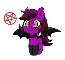 Size: 1200x1100 | Tagged: safe, artist:lyrabop, oc, oc only, oc:gorebrie, bat pony, demon, demon pony, pony, bat pony oc, choker, clothes, collar, cute, eeee, horns, magic, pentagram, ram horns, simple background, socks, solo, spiked choker, spiked collar, spread wings, transparent background, wings